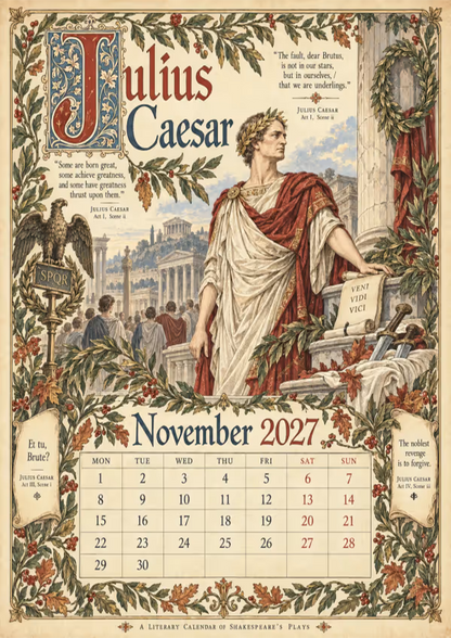 A Shakespearean Year 2027 – 12 Plays Through the Seasons | Vintage Illustrated Wall Calendar
