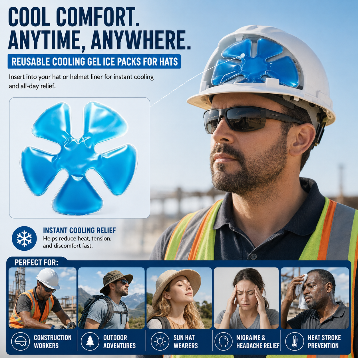 Summer Cooling Gel Hat Inserts, Reusable for Outdoor Construction Work