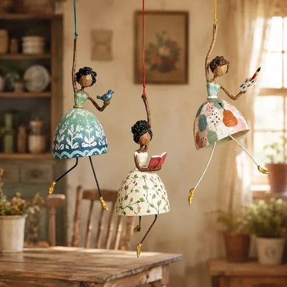 🌸 Hand-painted Hanging Ornament "Dancing Lady" – Playful Folk Art That Comes to Life | Handcrafted Floral Bell Skirt, Wire Legs and Little Songbird Charm