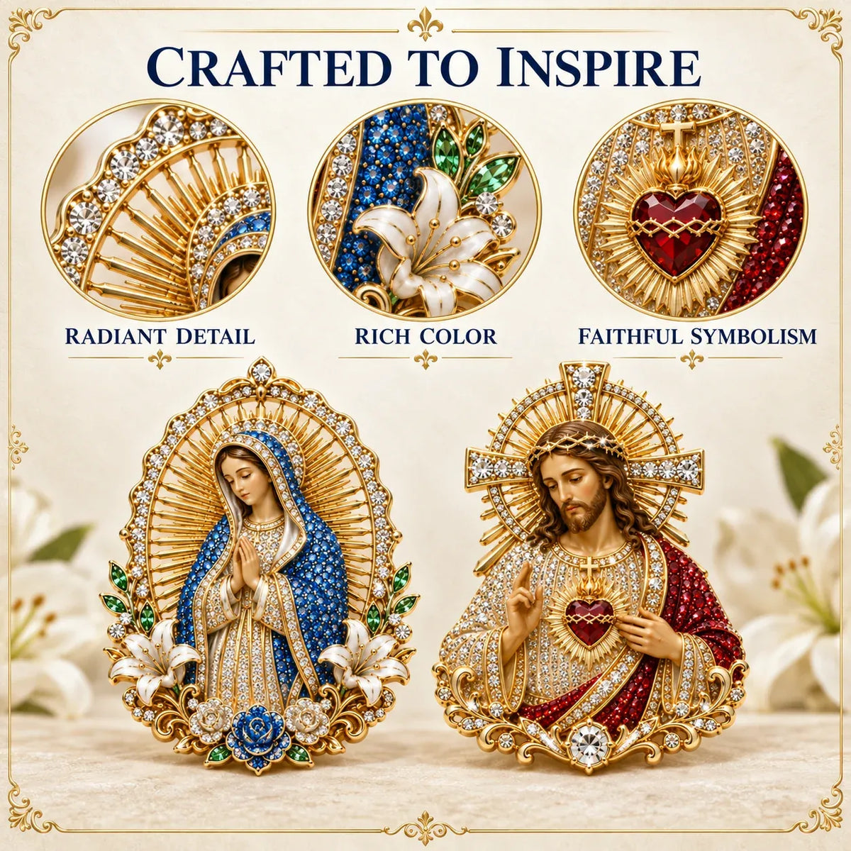 ✝️ 3D Jesus & Mary Sacred Devotion Pin ⏳Gold-Tone Crystal Christian Brooch ❤️