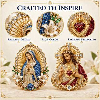 ✝️ 3D Jesus & Mary Sacred Devotion Pin ⏳Gold-Tone Crystal Christian Brooch ❤️