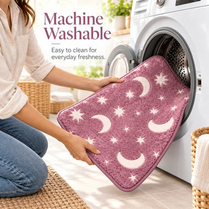 🌙 Glow In The Dark Moon & Star Bathroom Mat Set – 3-Piece Plush Set