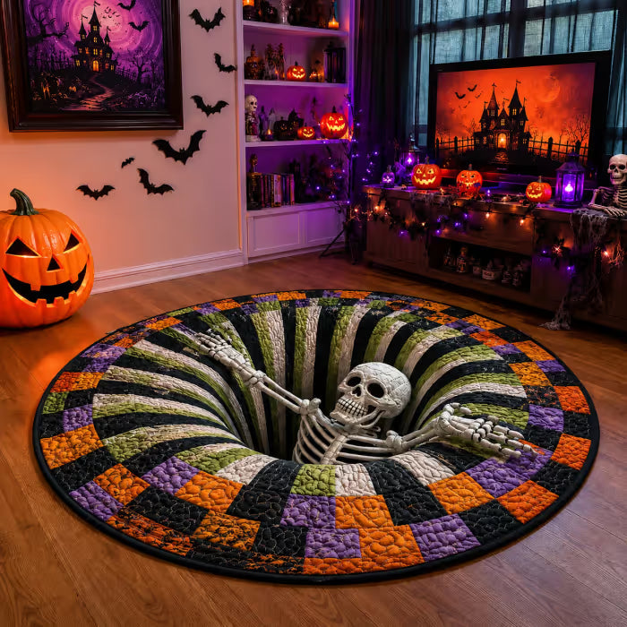 🎃3D visual Skeleton Vortex Quilted Round Halloween Rug