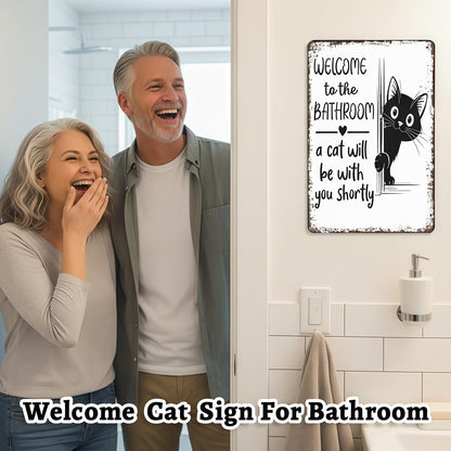 Funny Metal Tin Welcome Cat Sign For Bathroom