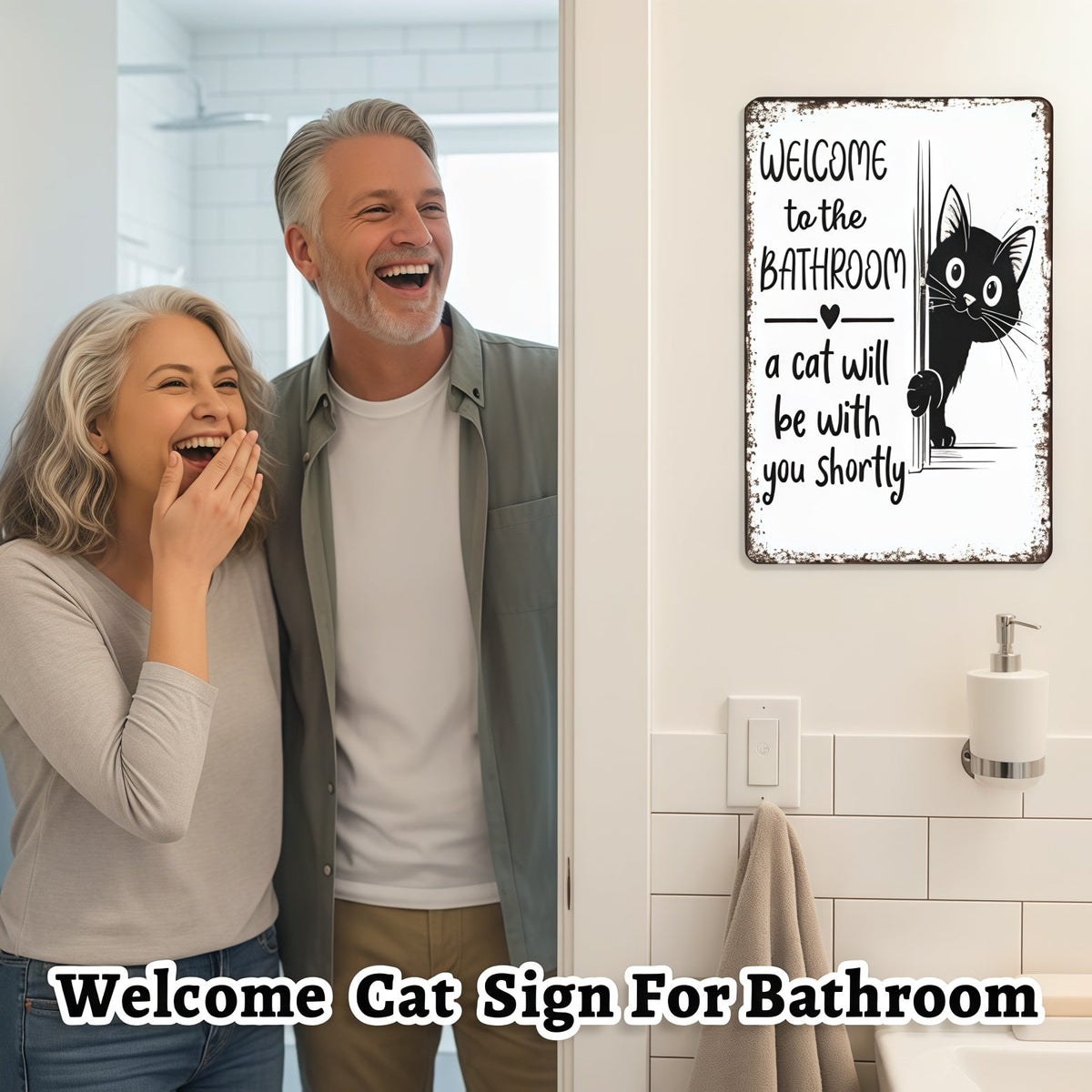 Funny Metal Tin Welcome Cat Sign For Bathroom