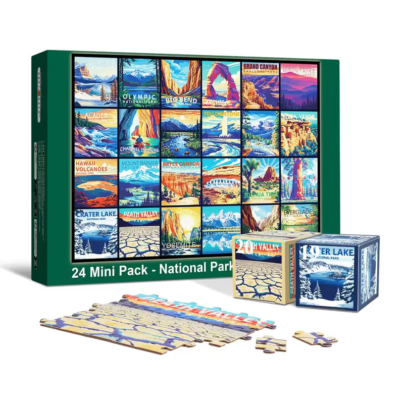 Travel Series, 24 Mini Pack 1000 Pieces Jigsaw Puzzle, 8 Puzzle Stickers, 3 Themes: National Parks, World Heritage, Global City Tour