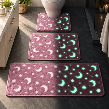 🌙 Glow In The Dark Moon & Star Bathroom Mat Set – 3-Piece Plush Set