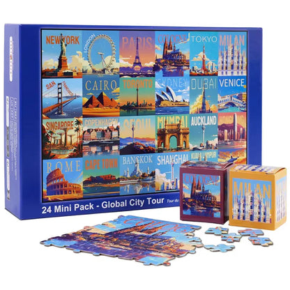 Travel Series, 24 Mini Pack 1000 Pieces Jigsaw Puzzle, 8 Puzzle Stickers, 3 Themes: National Parks, World Heritage, Global City Tour