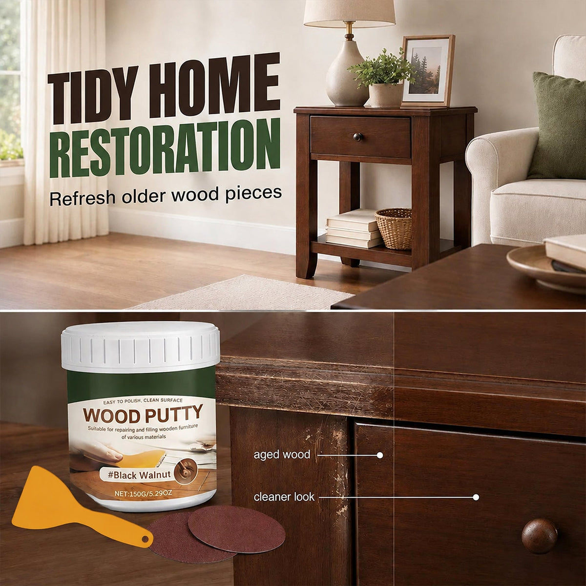🚪Wood Repair Filler Putty – Fills Cracks & Chips, Smooths Surfaces, Blends with Dark Wood