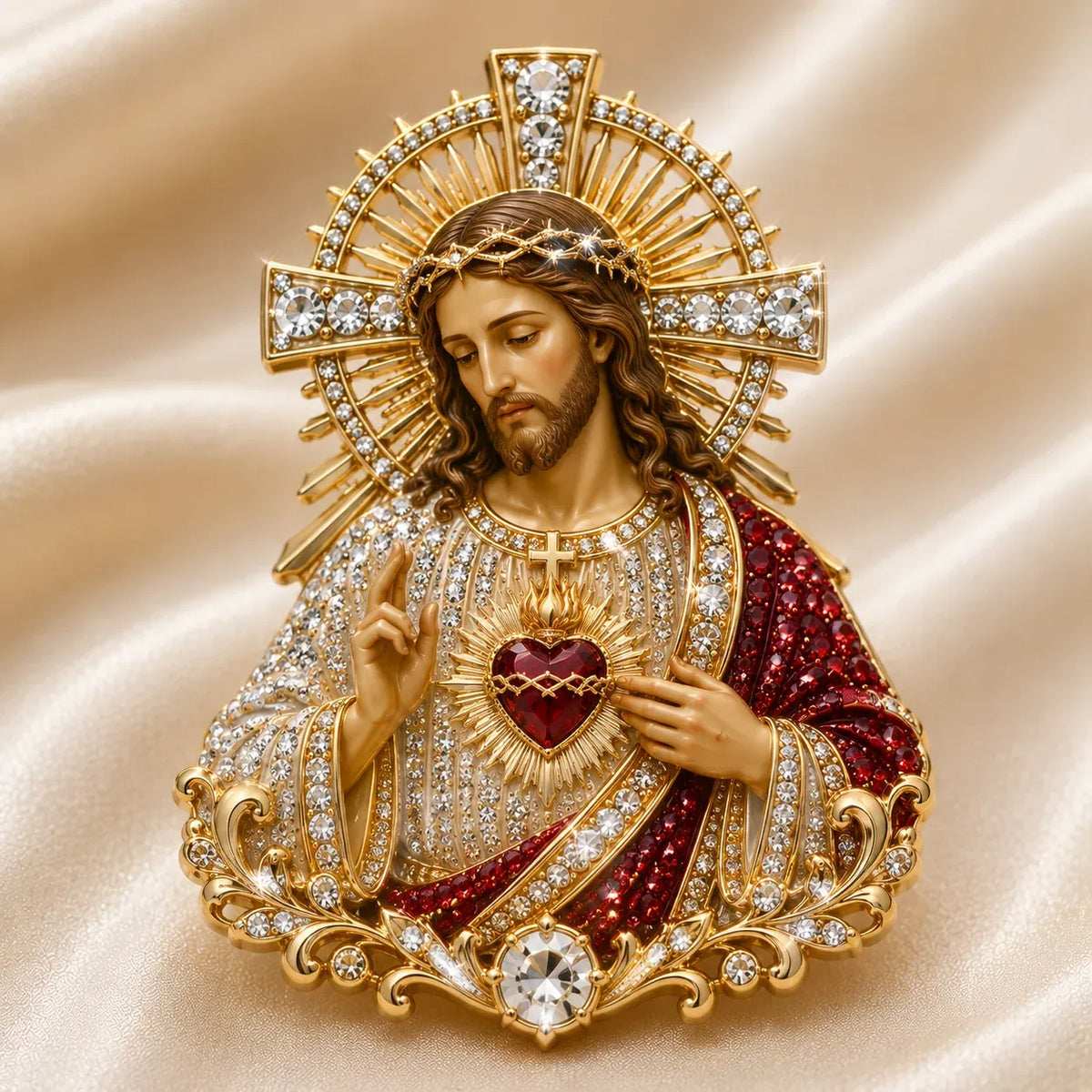 ✝️ 3D Jesus & Mary Sacred Devotion Pin ⏳Gold-Tone Crystal Christian Brooch ❤️