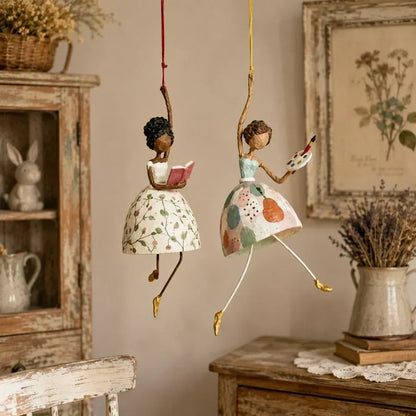 🌸 Hand-painted Hanging Ornament "Dancing Lady" – Playful Folk Art That Comes to Life | Handcrafted Floral Bell Skirt, Wire Legs and Little Songbird Charm