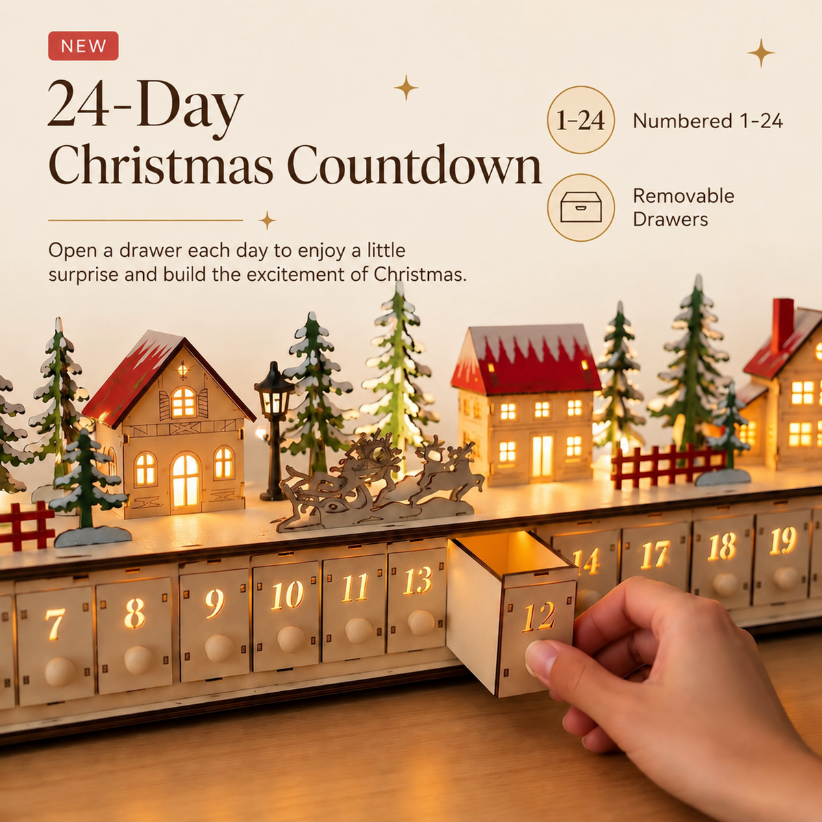 🎁Original, genuine product 🏡✨ 24 Days of Christmas Magic – LED Advent Calendar made of Wood