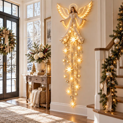 ✨ Angel Blessing Starfall Wall Light — Lighted Angel Wall Sculpture with Cascading Star Glow | Ivory-Gold Christmas Wall Decor