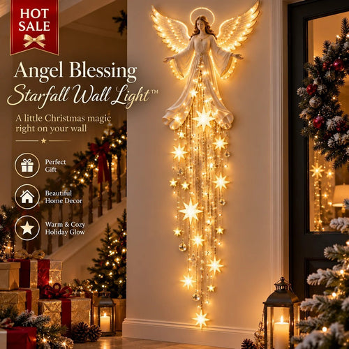 ✨ Angel Blessing Starfall Wall Light — Lighted Angel Wall Sculpture with Cascading Star Glow | Ivory-Gold Christmas Wall Decor