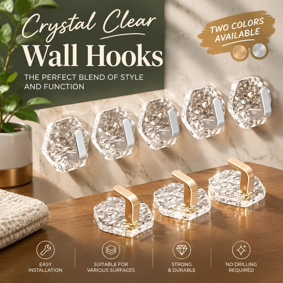 Self-Adhesive Hooks Hexagonal Ripple Design Heavy Duty Sticky Hooks