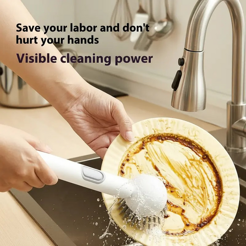 6-in-1 Dish Brush with Detergent Dispenser 360° Rotating Scrubber