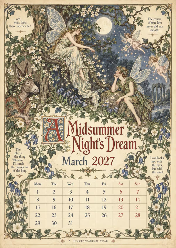 A Shakespearean Year 2027 – 12 Plays Through the Seasons | Vintage Illustrated Wall Calendar