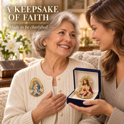 ✝️ 3D Jesus & Mary Sacred Devotion Pin ⏳Gold-Tone Crystal Christian Brooch ❤️