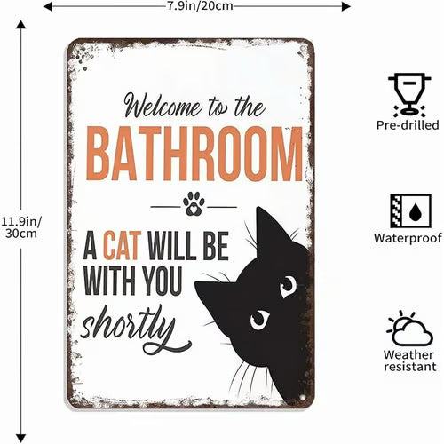 Funny Metal Tin Welcome Cat Sign For Bathroom