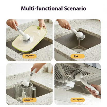6-in-1 Dish Brush with Detergent Dispenser 360° Rotating Scrubber