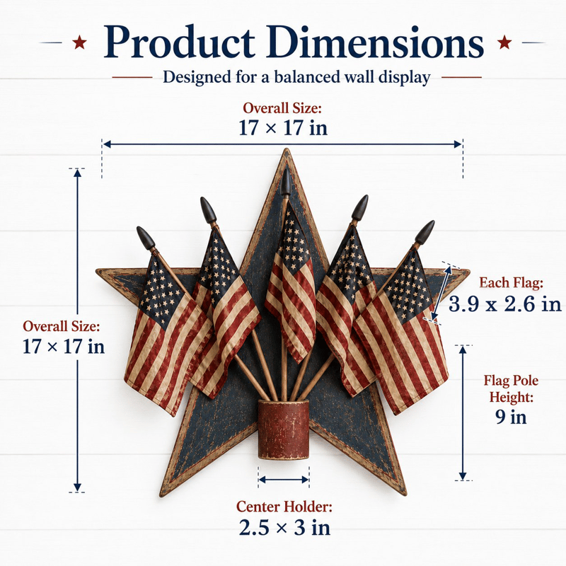 Rustic Wooden Patriotic Star Wall Decor with 5 American Flags