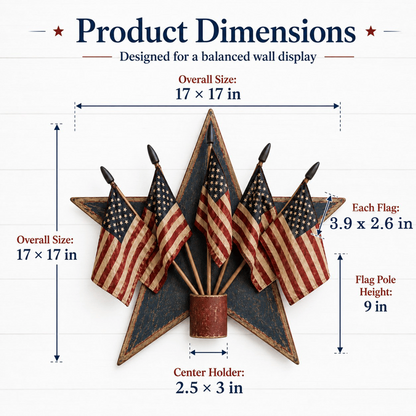 Rustic Wooden Patriotic Star Wall Decor with 5 American Flags