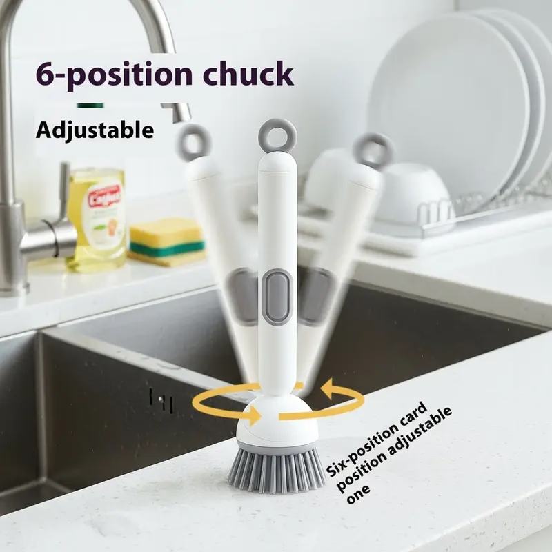 6-in-1 Dish Brush with Detergent Dispenser 360° Rotating Scrubber