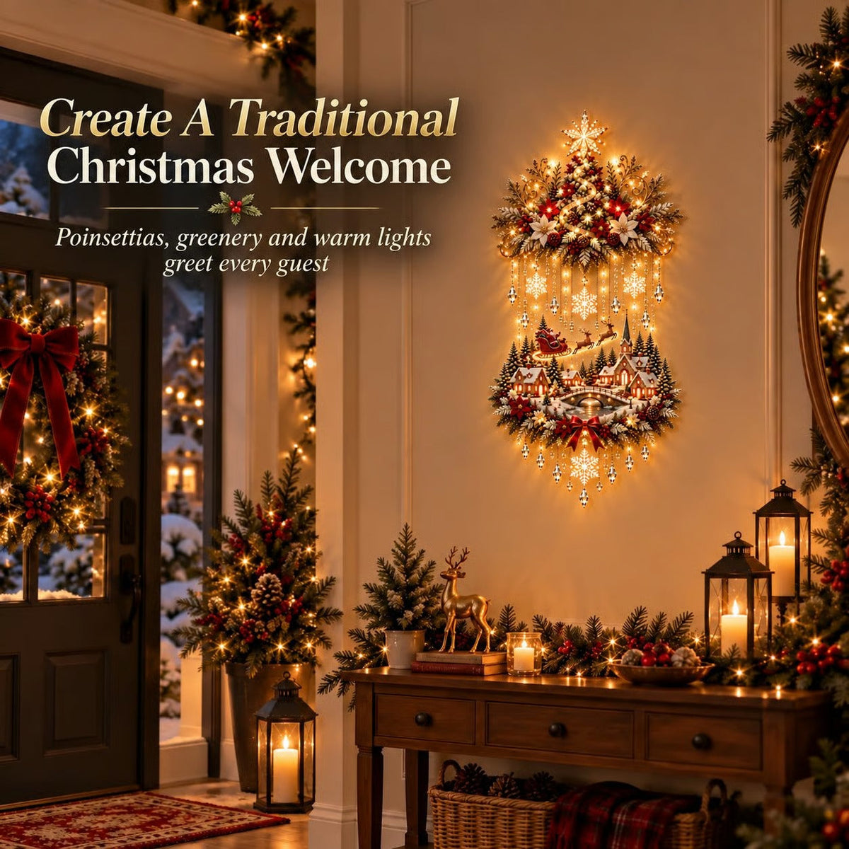 🎄🏠Illuminated Christmas tree and Christmas village wall hanging | Warm glowing string lights for living rooms, entryways and stairwells ✨