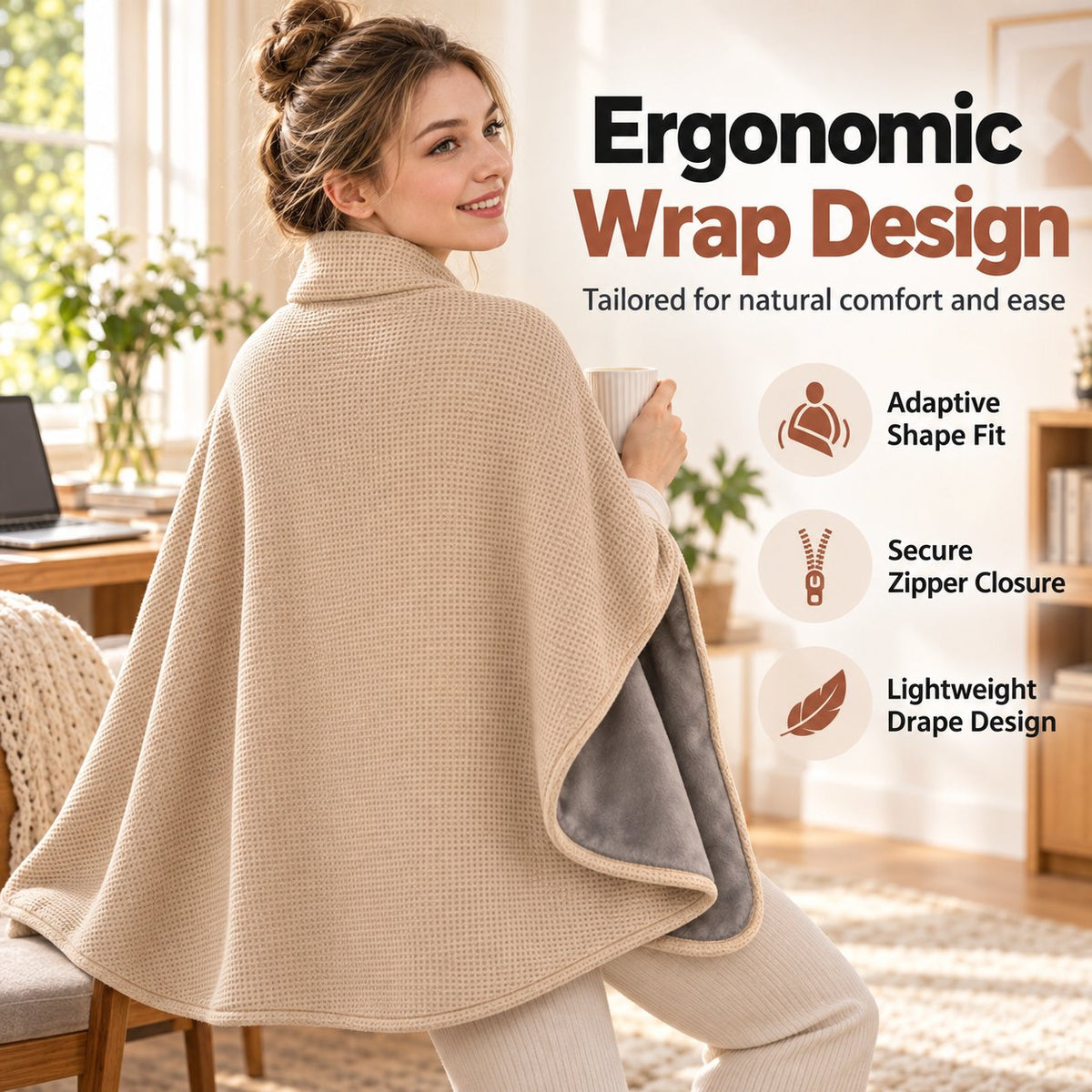 Heated blanket/shoulder wrap with USB charging and 3-level temperature control