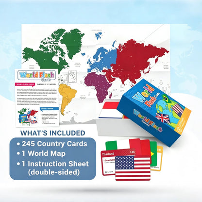 🌍245-Piece World Flags Flashcards Set – Fun Geography Learning Game for Kids & Adults with World Map 📚