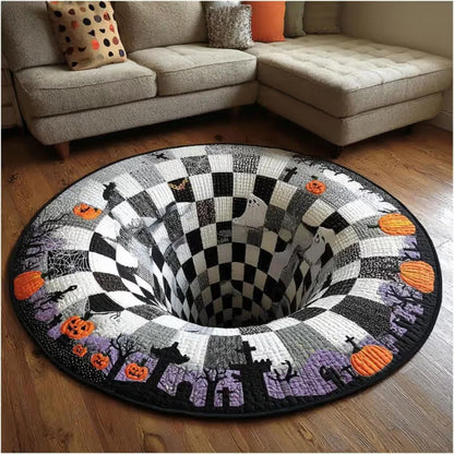 🎃3D visual Skeleton Vortex Quilted Round Halloween Rug