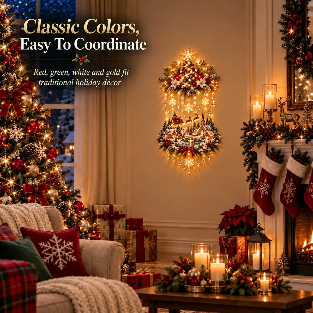 🎄🏠Illuminated Christmas tree and Christmas village wall hanging | Warm glowing string lights for living rooms, entryways and stairwells ✨