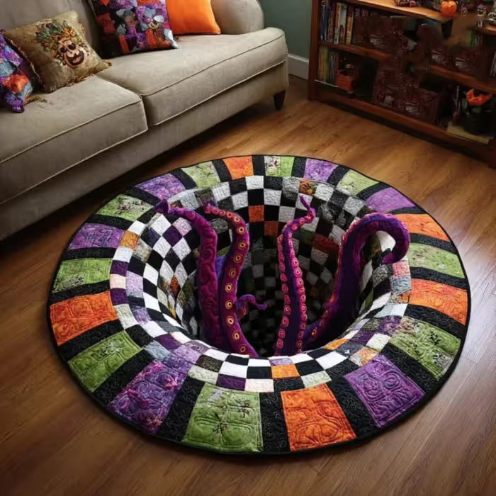 🎃3D visual Skeleton Vortex Quilted Round Halloween Rug