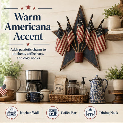 Rustic Wooden Patriotic Star Wall Decor with 5 American Flags