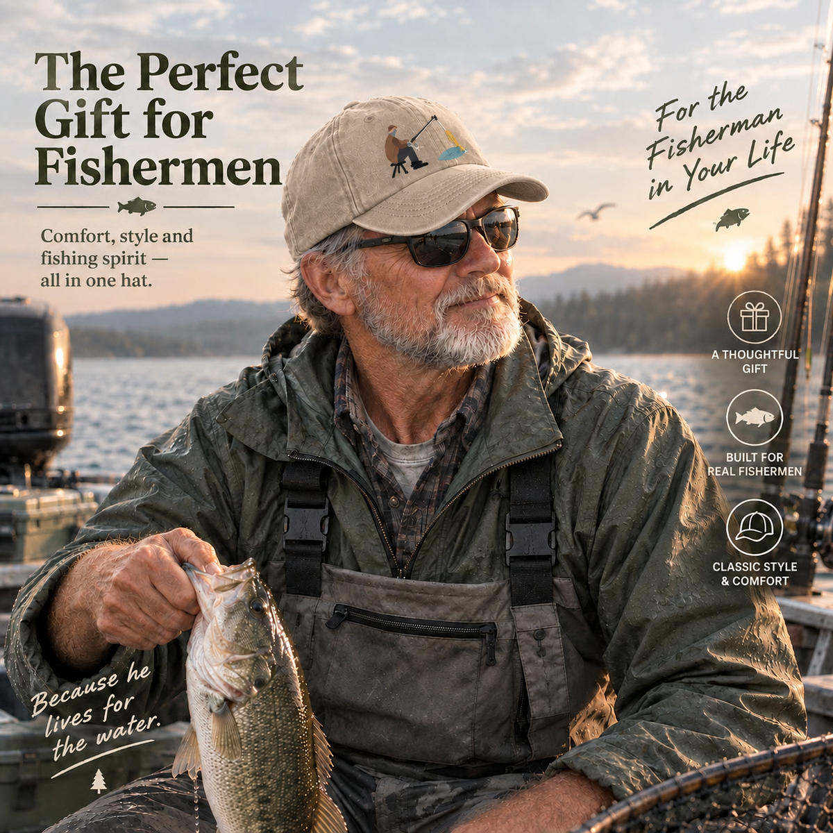 🎣🧢 Catch of the Day Interactive Fishing Cap –🎁 Vintage Washed Moving Fish Hat