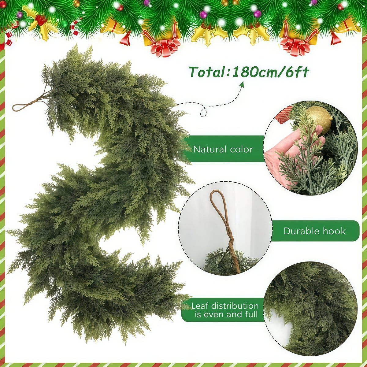 6 FT 2 Pcs Artificial Cedar Garlands, Real Touch Winter Cedar Garland, Green Artificial Greenery Pine Garland for Table, Mantle, Wall, Indoor, Outdoor Christmas Decorations (2, 6 FT)