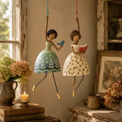 🌸 Hand-painted Hanging Ornament "Dancing Lady" – Playful Folk Art That Comes to Life | Handcrafted Floral Bell Skirt, Wire Legs and Little Songbird Charm