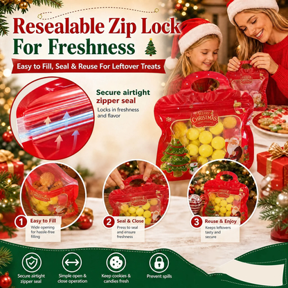 🎁Easy Fill, Easy Seal🎄 Festive Self-Seal Treat Bags – Santa & Snowman Print 💖 Resealable, Food-Safe & Perfect for Cookies, Chocolates & Little Gifts 🎅⛄