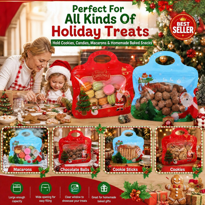 🎁Easy Fill, Easy Seal🎄 Festive Self-Seal Treat Bags – Santa & Snowman Print 💖 Resealable, Food-Safe & Perfect for Cookies, Chocolates & Little Gifts 🎅⛄