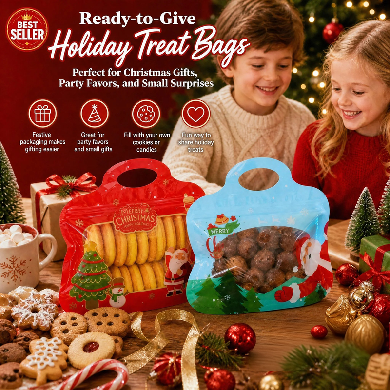 🎁Easy Fill, Easy Seal🎄 Festive Self-Seal Treat Bags – Santa & Snowman Print 💖 Resealable, Food-Safe & Perfect for Cookies, Chocolates & Little Gifts 🎅⛄