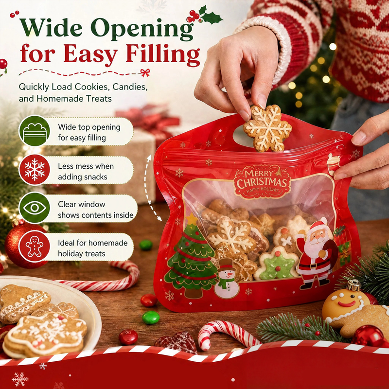 🎁Easy Fill, Easy Seal🎄 Festive Self-Seal Treat Bags – Santa & Snowman Print 💖 Resealable, Food-Safe & Perfect for Cookies, Chocolates & Little Gifts 🎅⛄