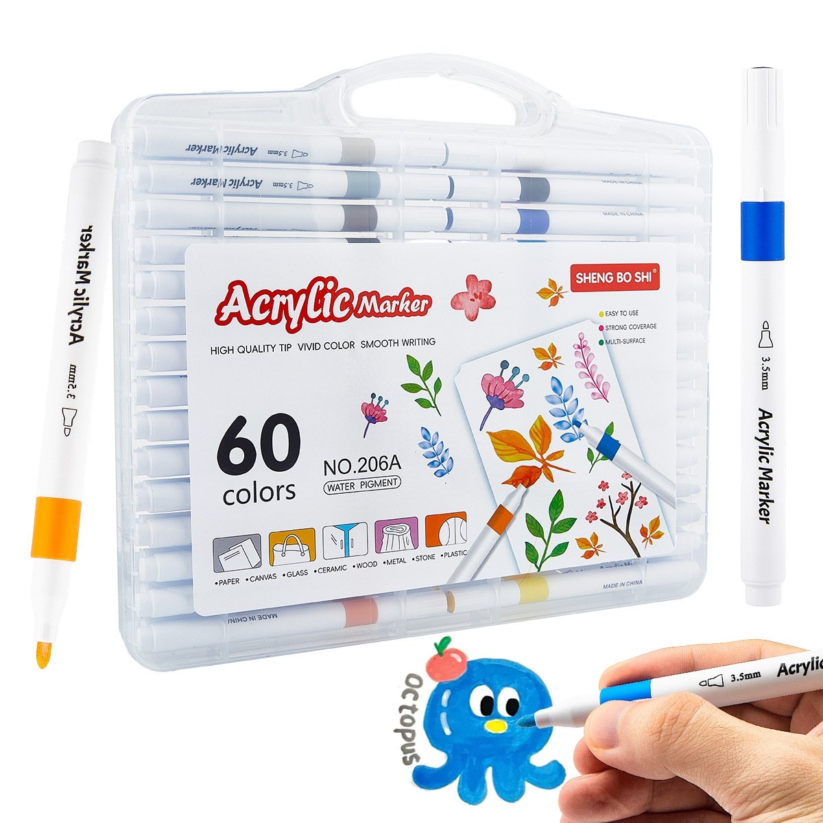 FINENOLO Brush Tip Acrylic Markers Set (24/36/60 Pack) with Portable Stackable Storage Box, Premium Water-Based Automatic Ink Colored Pens Drawing & Painting Supplies for All Levels, Art Supplies for Rock Painting, DIY Crafts