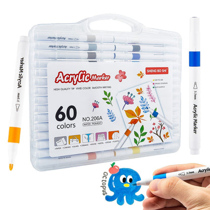FINENOLO Brush Tip Acrylic Markers Set (24/36/60 Pack) with Portable Stackable Storage Box, Premium Water-Based Automatic Ink Colored Pens Drawing & Painting Supplies for All Levels, Art Supplies for Rock Painting, DIY Crafts