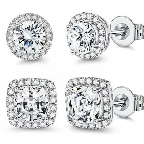 Halo Stud Earrings 4-Pack- Gold & Silver Round/Square Styles