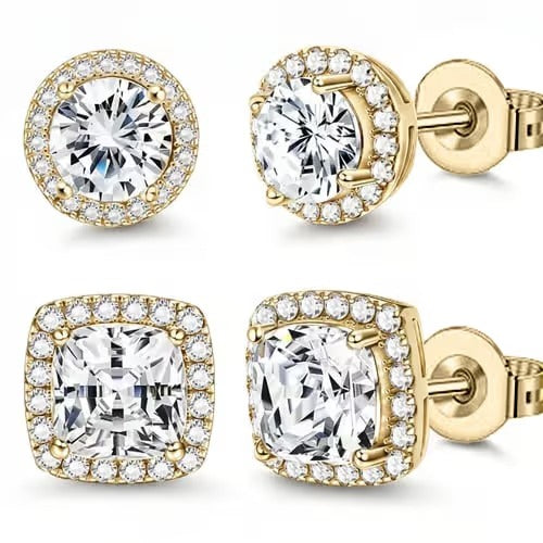 Halo Stud Earrings 4-Pack- Gold & Silver Round/Square Styles