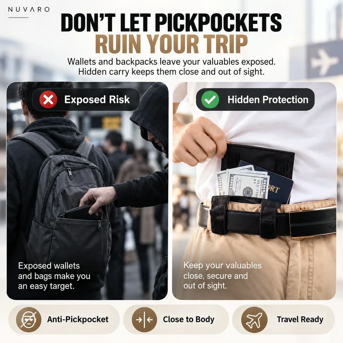 ✈️ Hidden Anti-Theft Passport Pouch – Slim Travel Security Belt Wallet for Cash, Cards & Documents