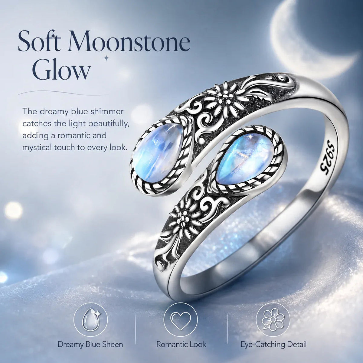 Moonstone Bloom Ring | Vintage Style • Adjustable Fit • Timeless Elegance