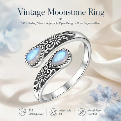 Moonstone Bloom Ring | Vintage Style • Adjustable Fit • Timeless Elegance