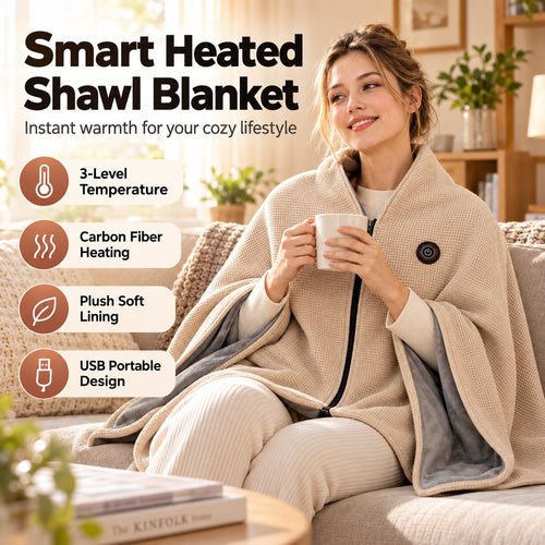 Heated blanket/shoulder wrap with USB charging and 3-level temperature control