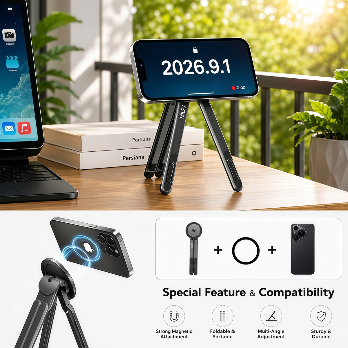 3-in-1 Foldable Laptop, Tablet & Magnetic Phone Stand